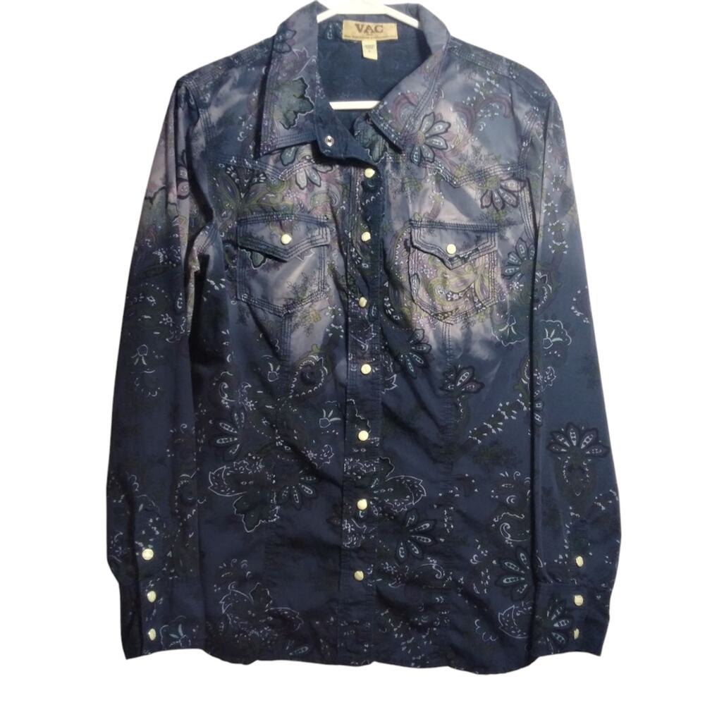 Nine West VAC Rylie Dyed Rodeo Western Floral Paisley Pearl Snap Button Top SZ L